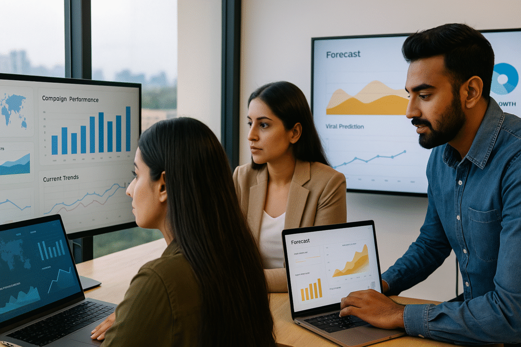 Indian marketing professionals in Hyderabad analyzing AI analytics dashboards forecasting viral campaign trends