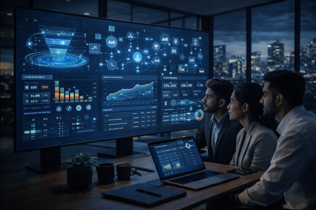 Lead generation strategies india dashboard showing marketing funnel analytics