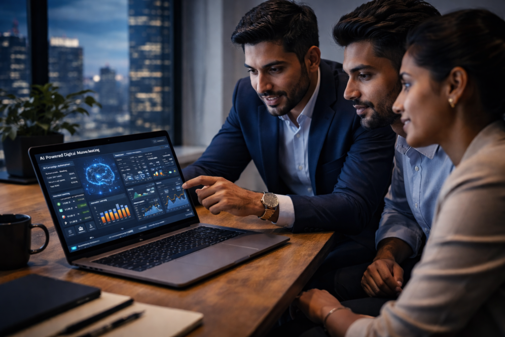AI powered digital marketing dashboard showing predictive analytics and automation metrics