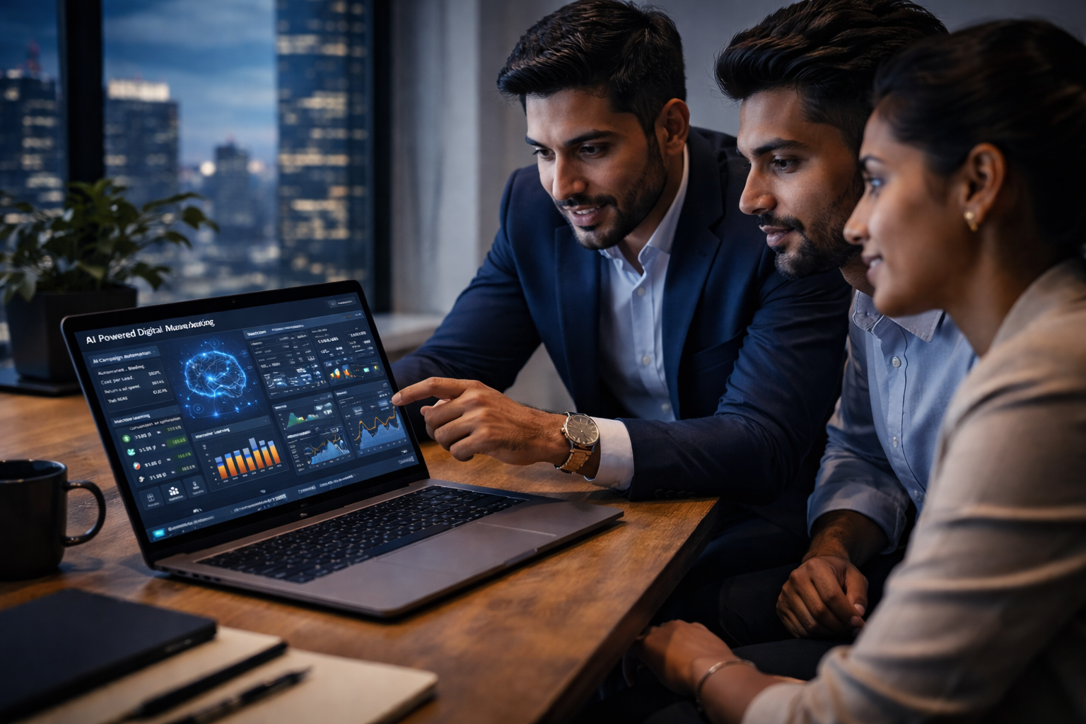 AI powered digital marketing dashboard showing predictive analytics and automation metrics