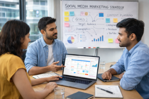 Marketing team planning a social media marketing strategy and content calendar.
