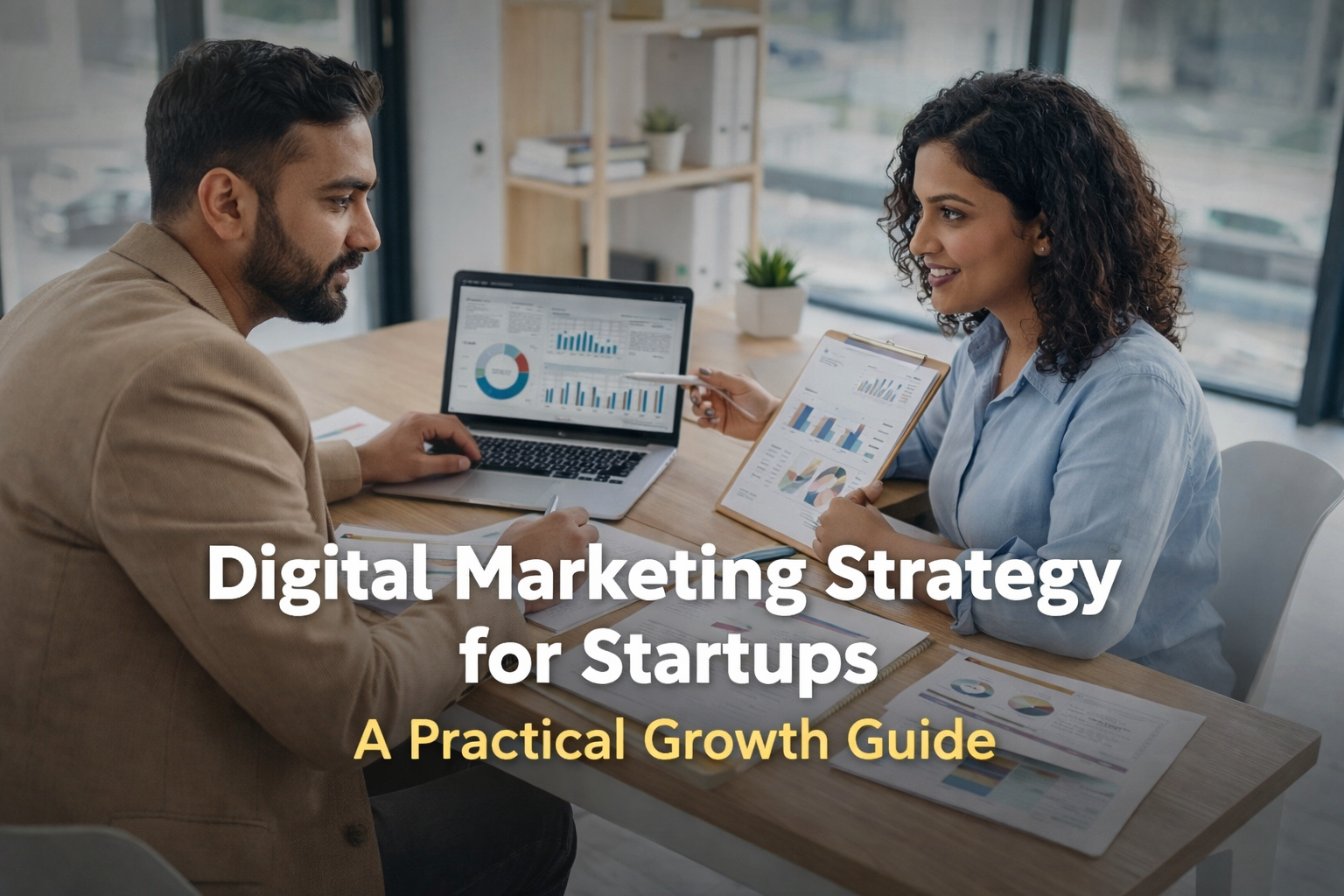 digital marketing strategy for startups planning growth campaigns with analytics dashboard and marketing discussion in modern office