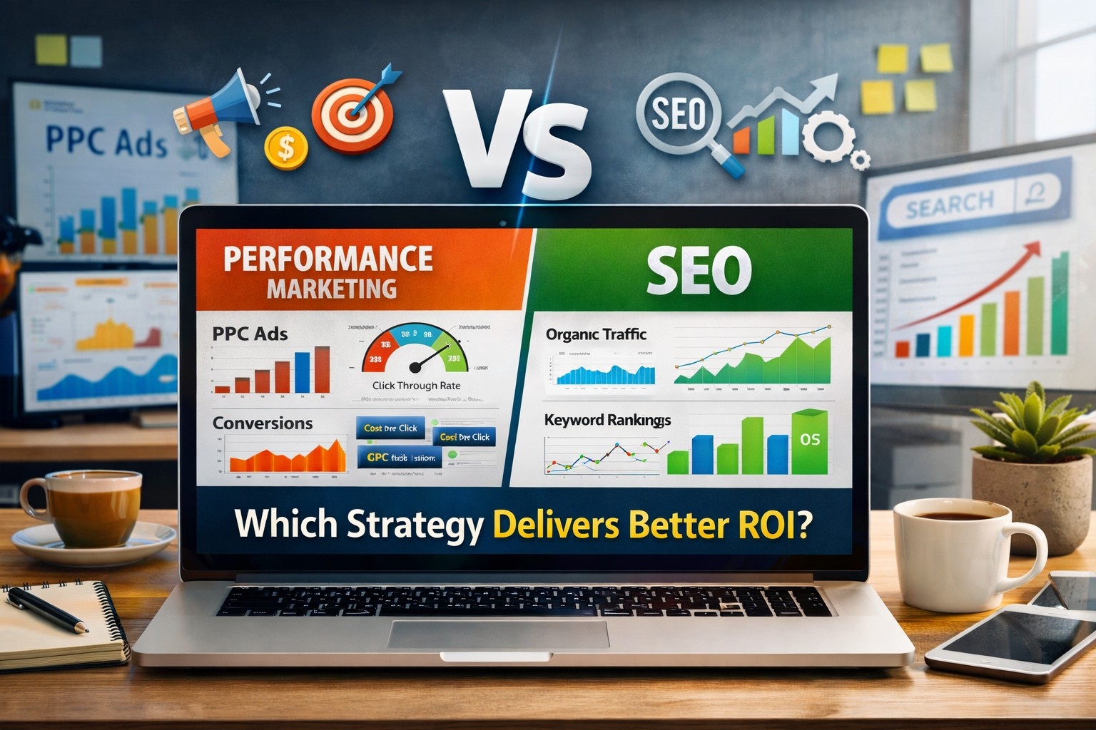 performance marketing vs seo comparison showing analytics dashboard with PPC advertising metrics and organic search rankings for digital marketing ROI analysis