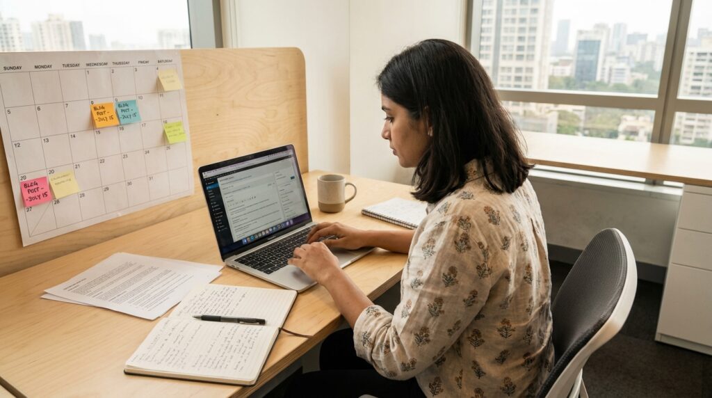 content marketing for startups creating blog and SEO content in office workspace for brand growth