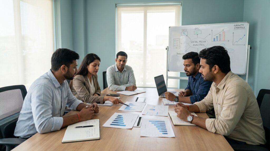 digital marketing agency in Hyderabad team discussing SEO PPC and social media strategy for business growth