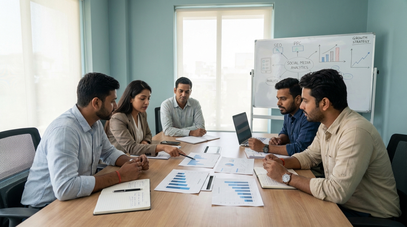 digital marketing agency in Hyderabad team discussing SEO PPC and social media strategy for business growth