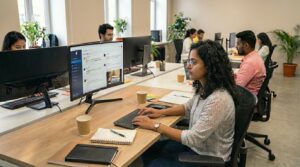 digital marketing agency in hyderabad team managing social media campaigns in office