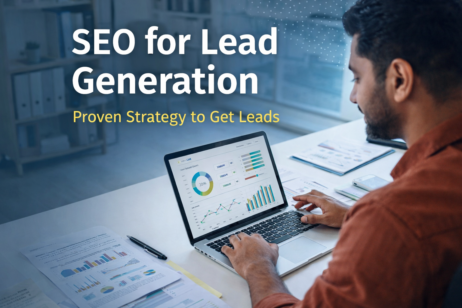 seo for lead generation strategy showing Indian business owner analysing website traffic and lead growth on laptop dashboard
