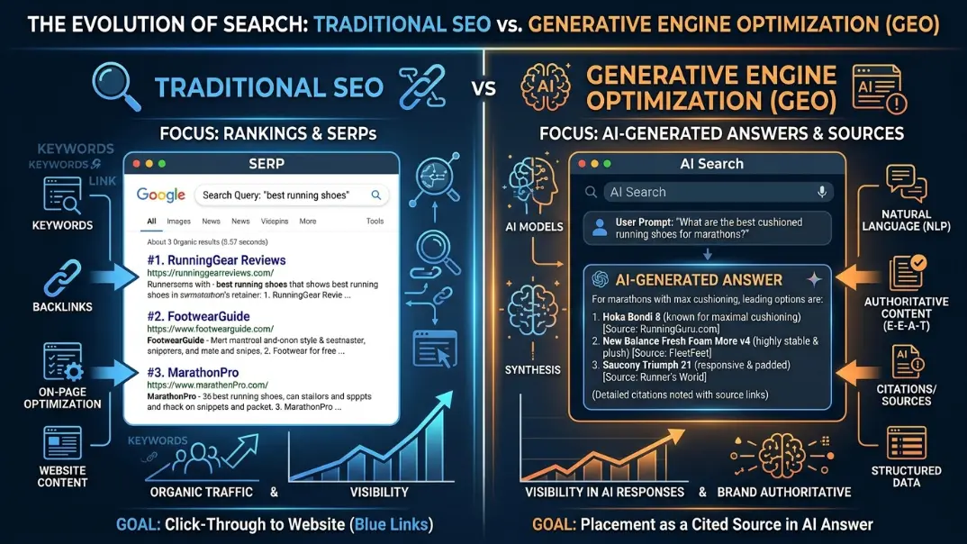 "Traditional SEO and GEO SEO comparison infographic"