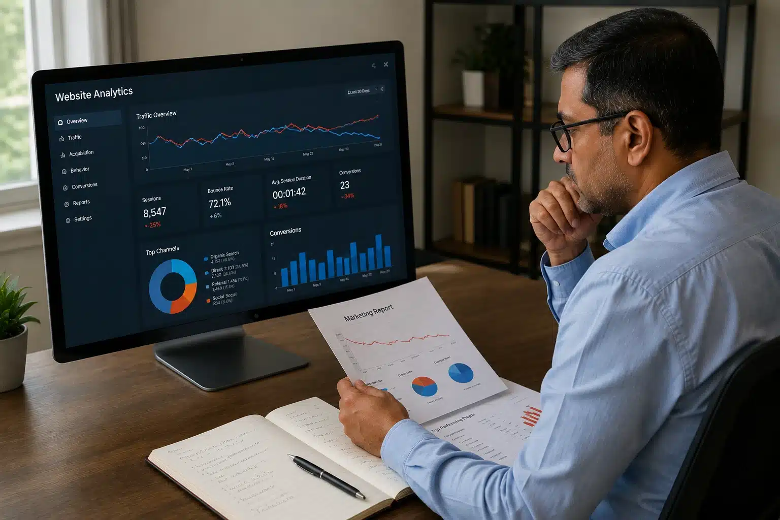 Business owner analyzing marketing performance and deciding to hire a digital marketing agency.