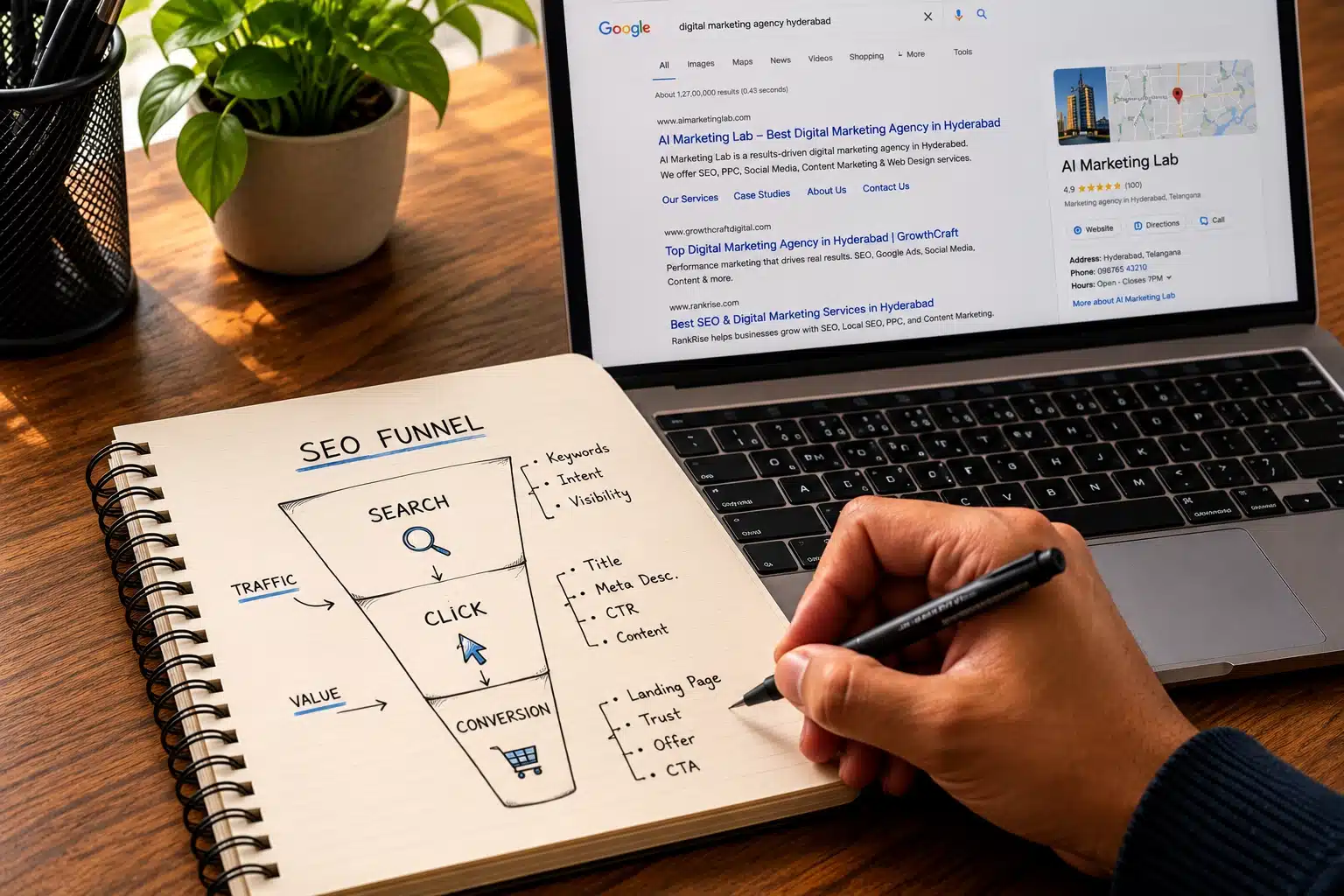 Hand-drawn SEO services funnel diagram in a notebook showing search engine optimization path from keyword search to customer conversion