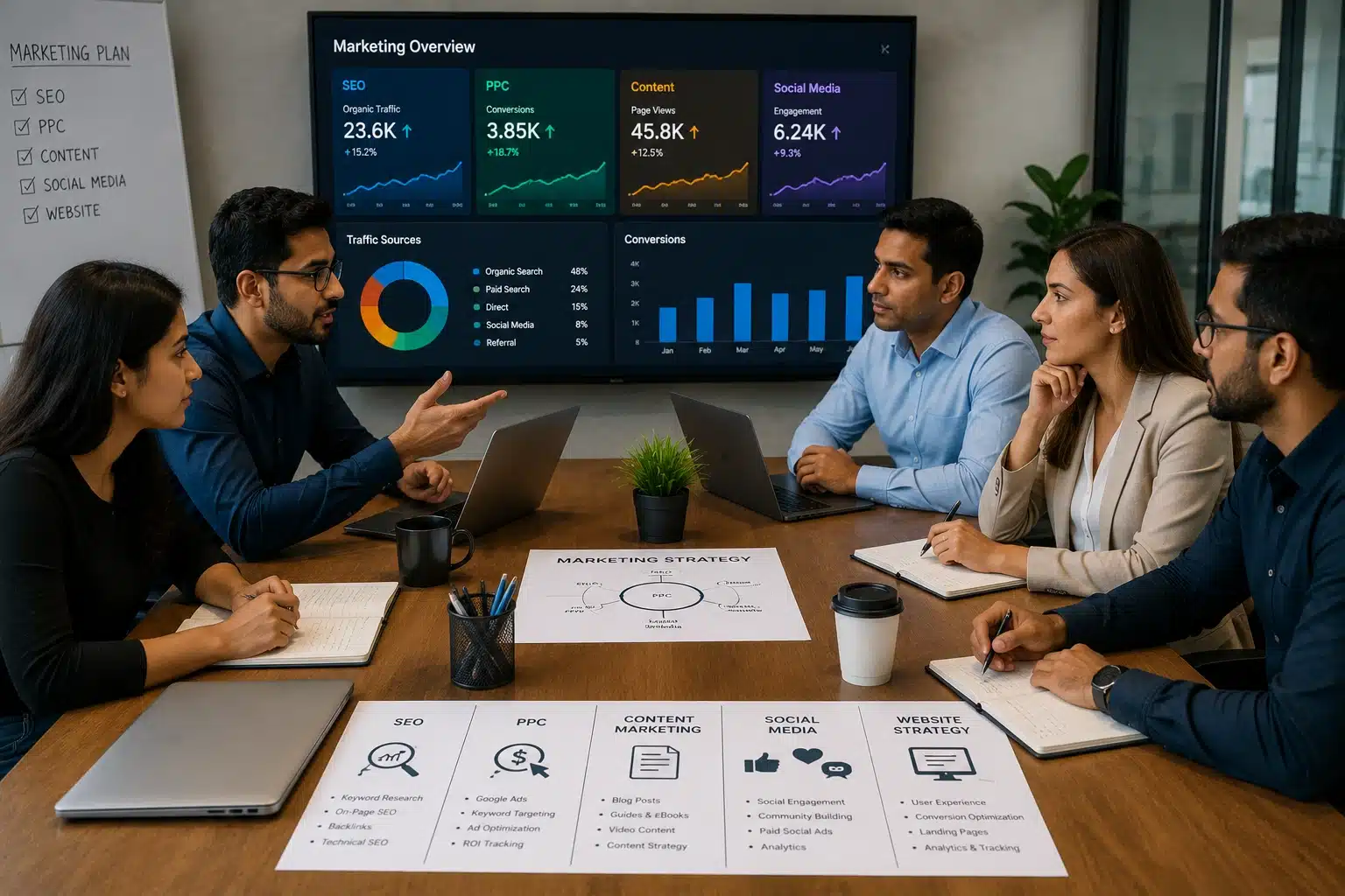 Full-service digital marketing team planning SEO, advertising, and content strategies for business growth.