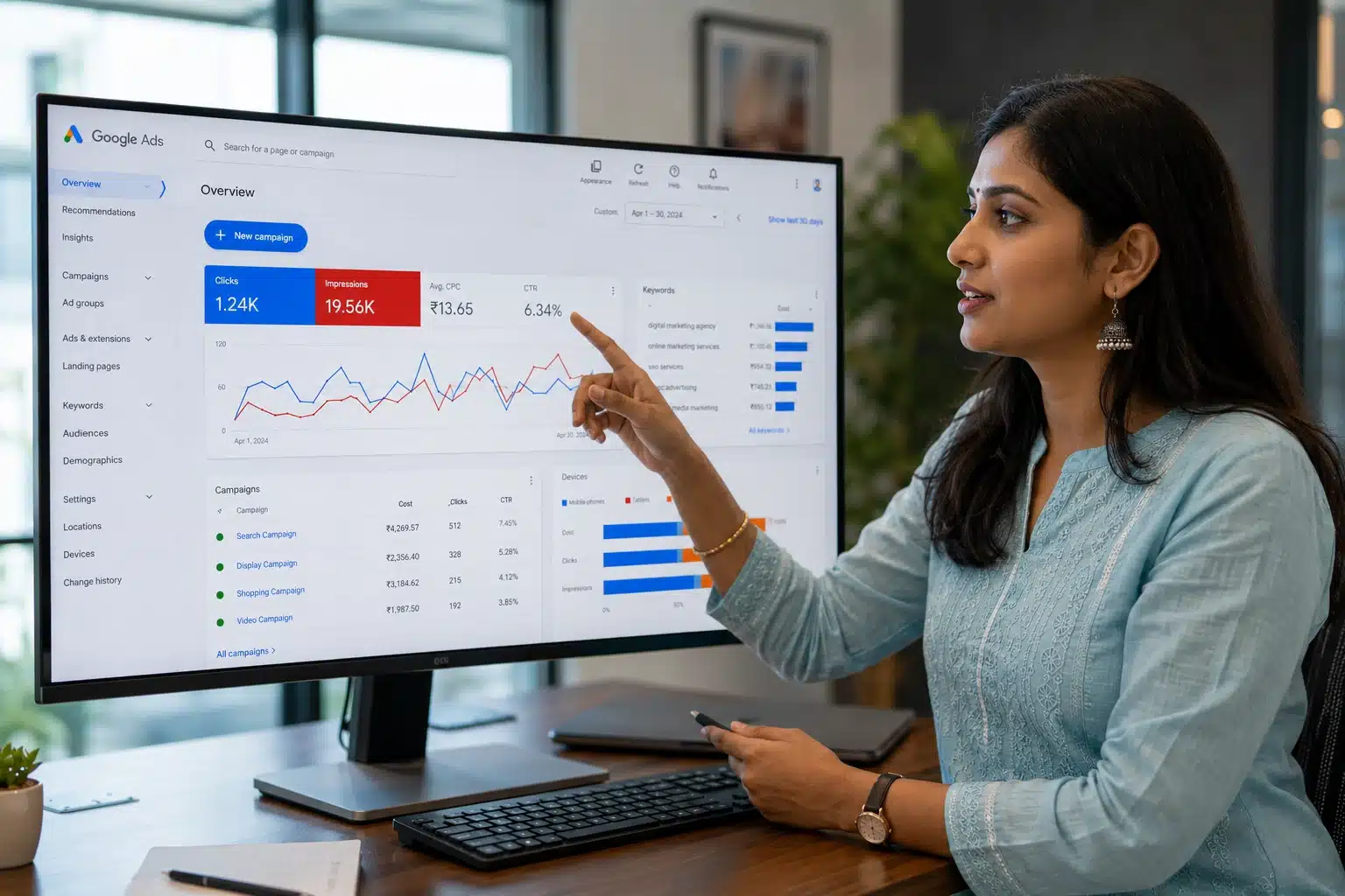 PPC advertising specialist analyzing Google Ads campaign performance dashboard showing cost per click and conversion metrics for online marketing