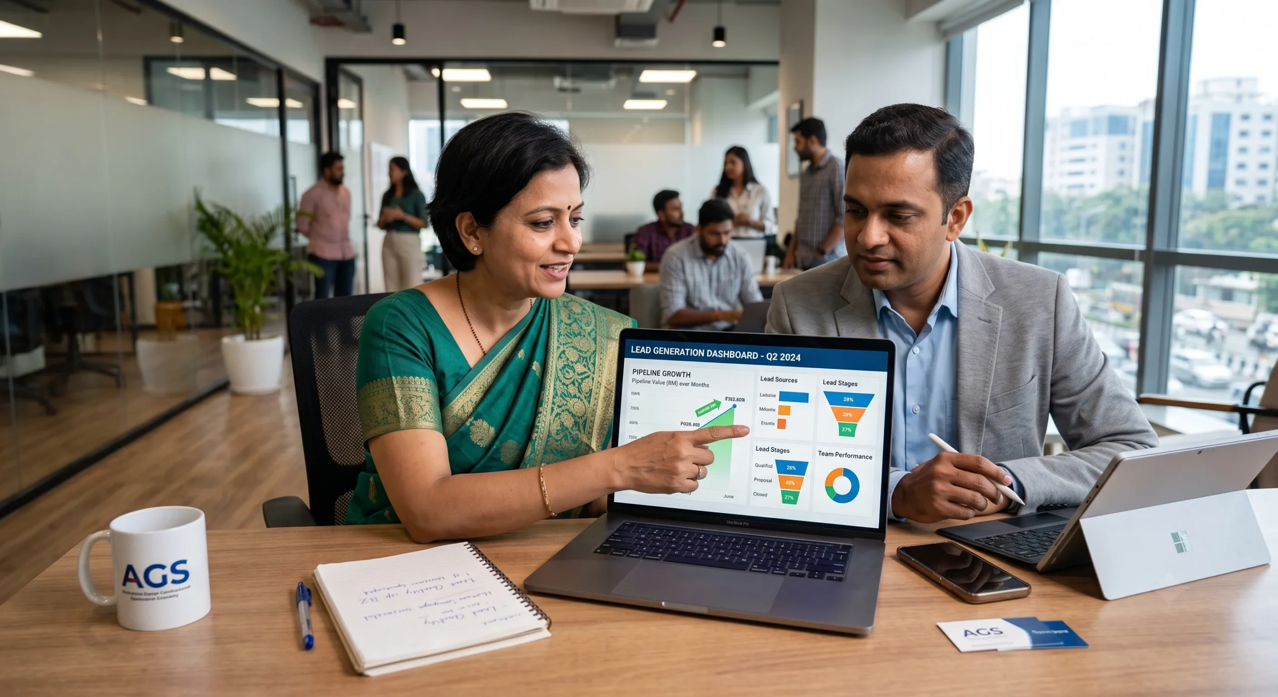 b2b lead generation funnel strategy discussion in office meeting