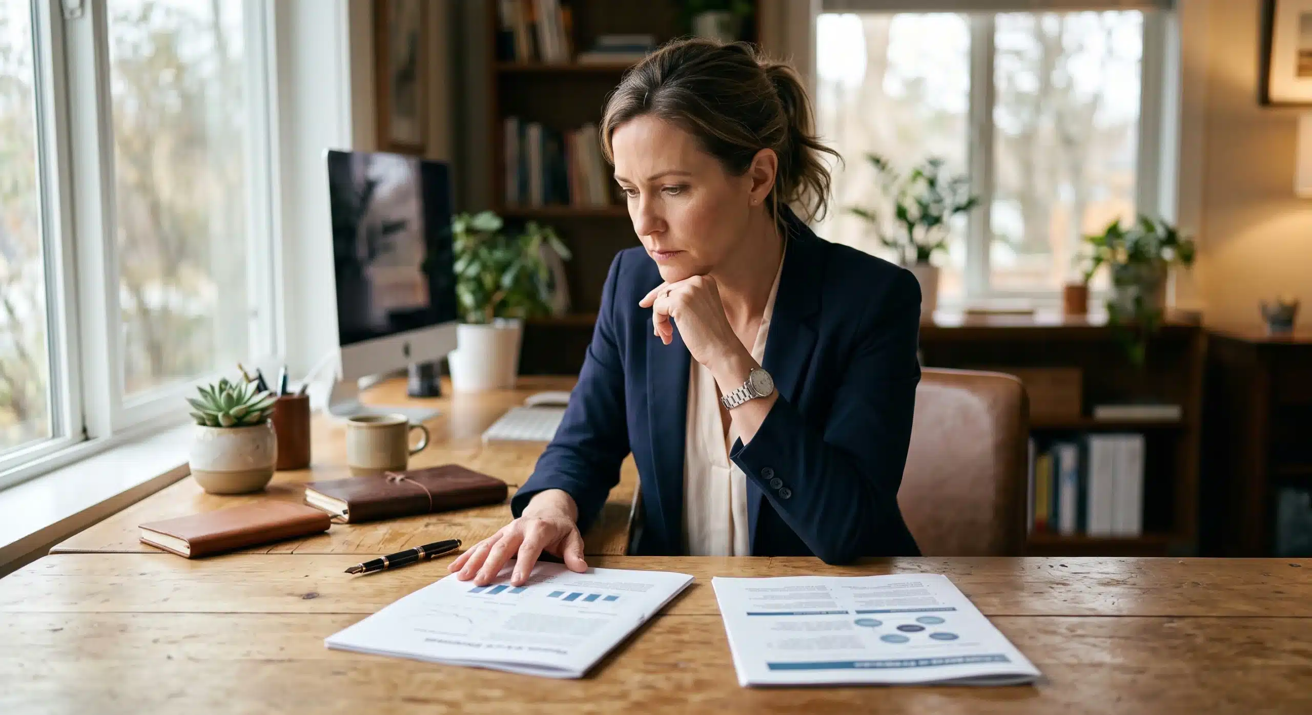  Business owner reviewing marketing strategy options between an agency and an internal team