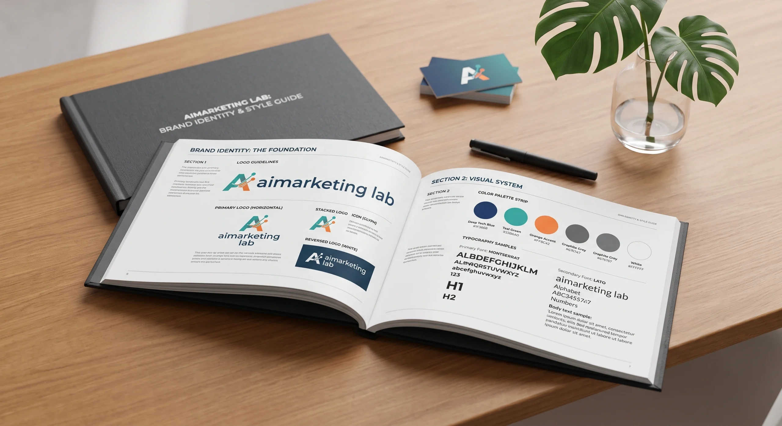 Brand identity design system showing logo, color palette and typography