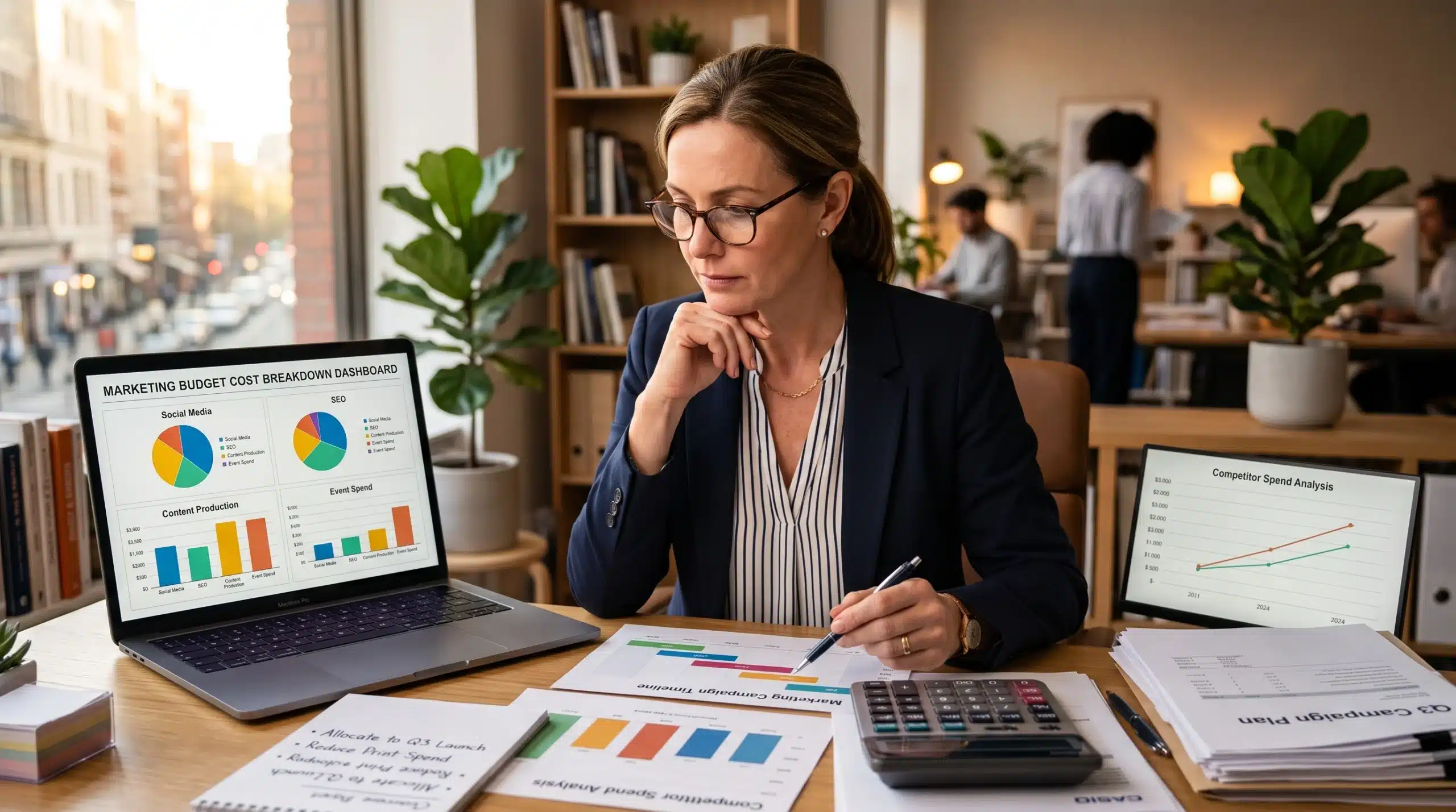 Marketing budget planning session with charts and cost breakdown