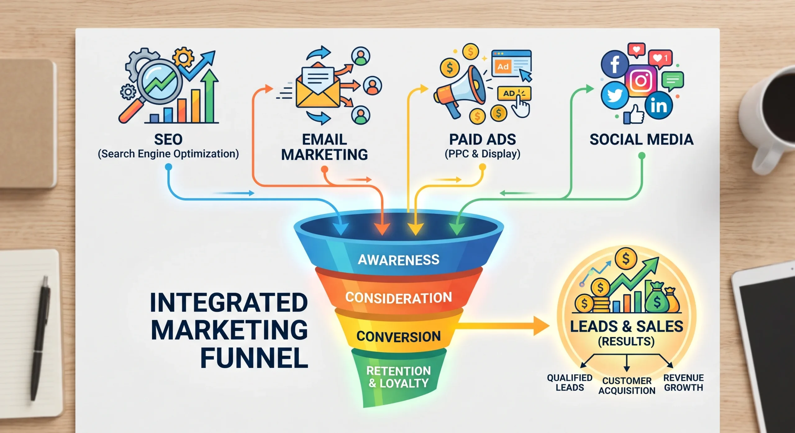 digital lead generation multi-channel strategy connecting SEO ads and email