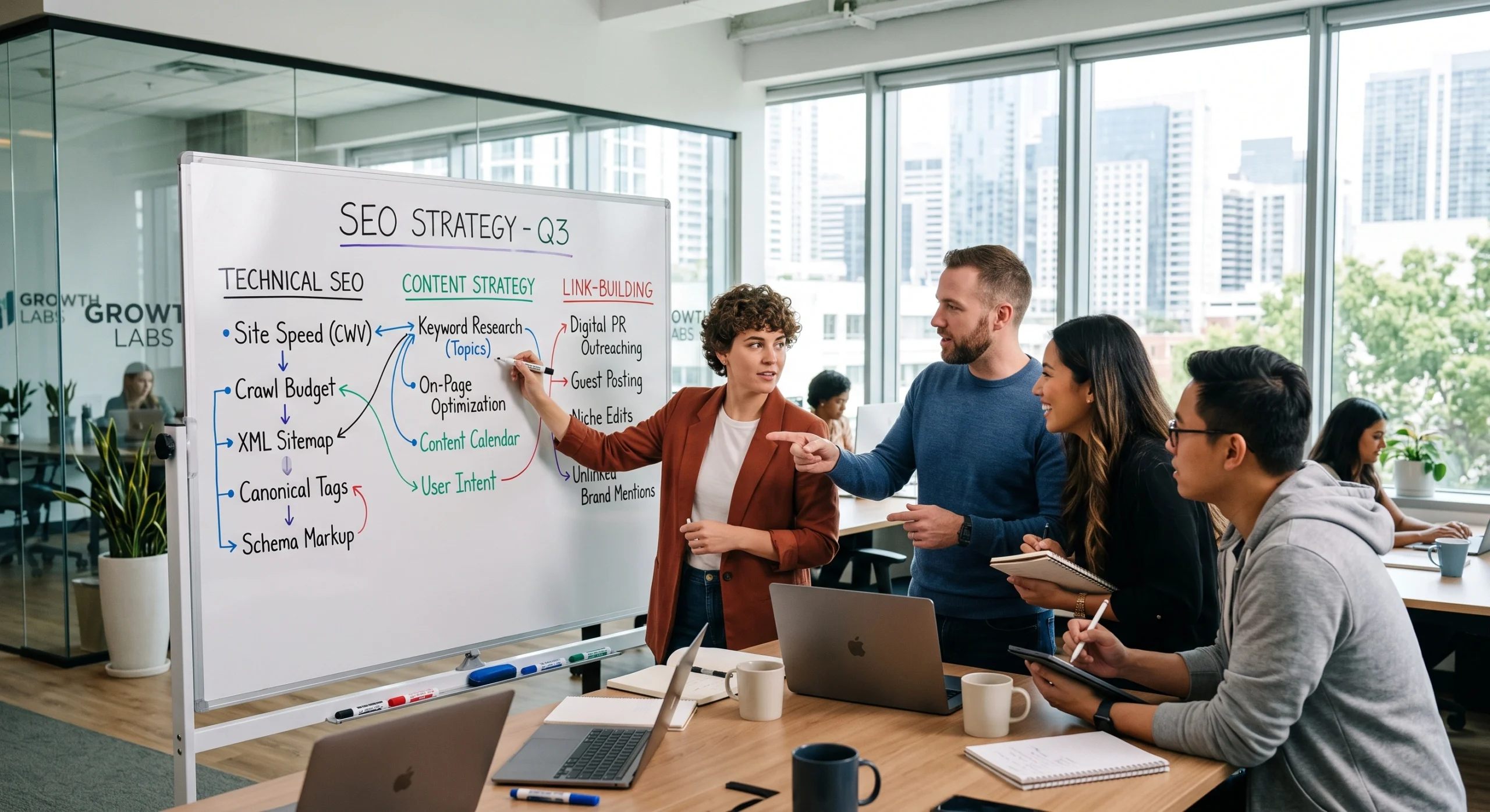 SEO team planning technical audits, content strategy, and link building for a Hyderabad business