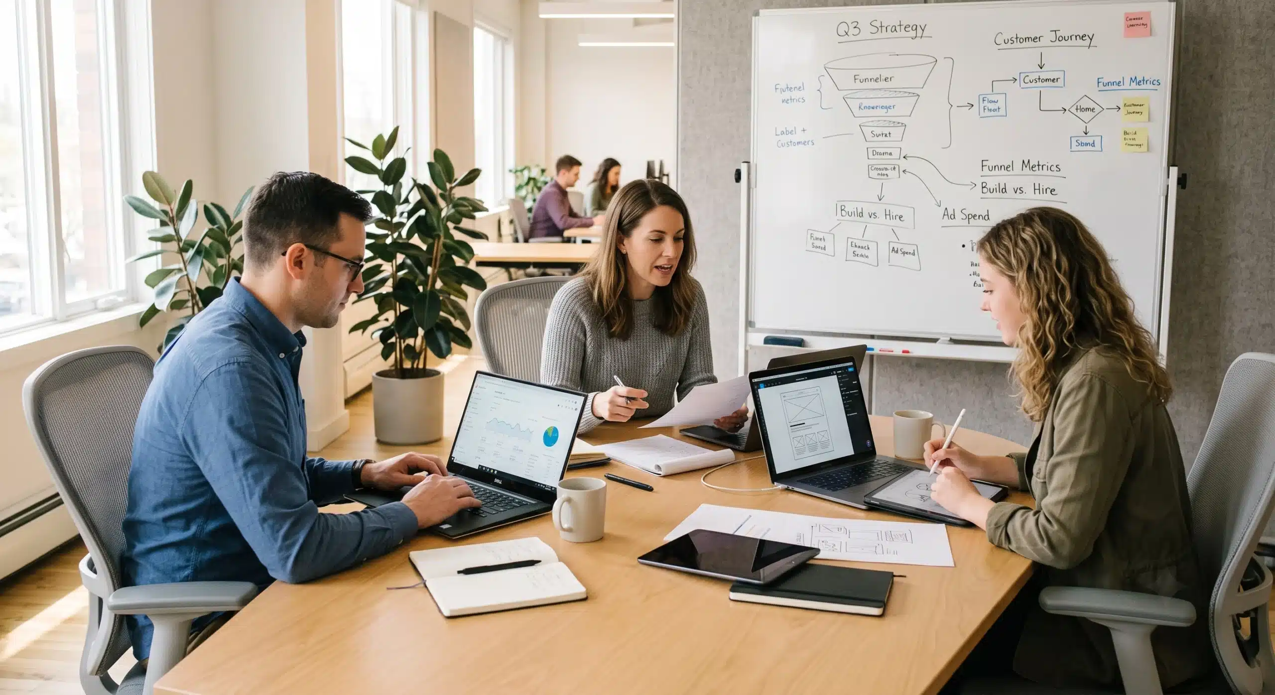 Marketing specialists collaborating on strategy, representing the skill breadth an agency brings to the table