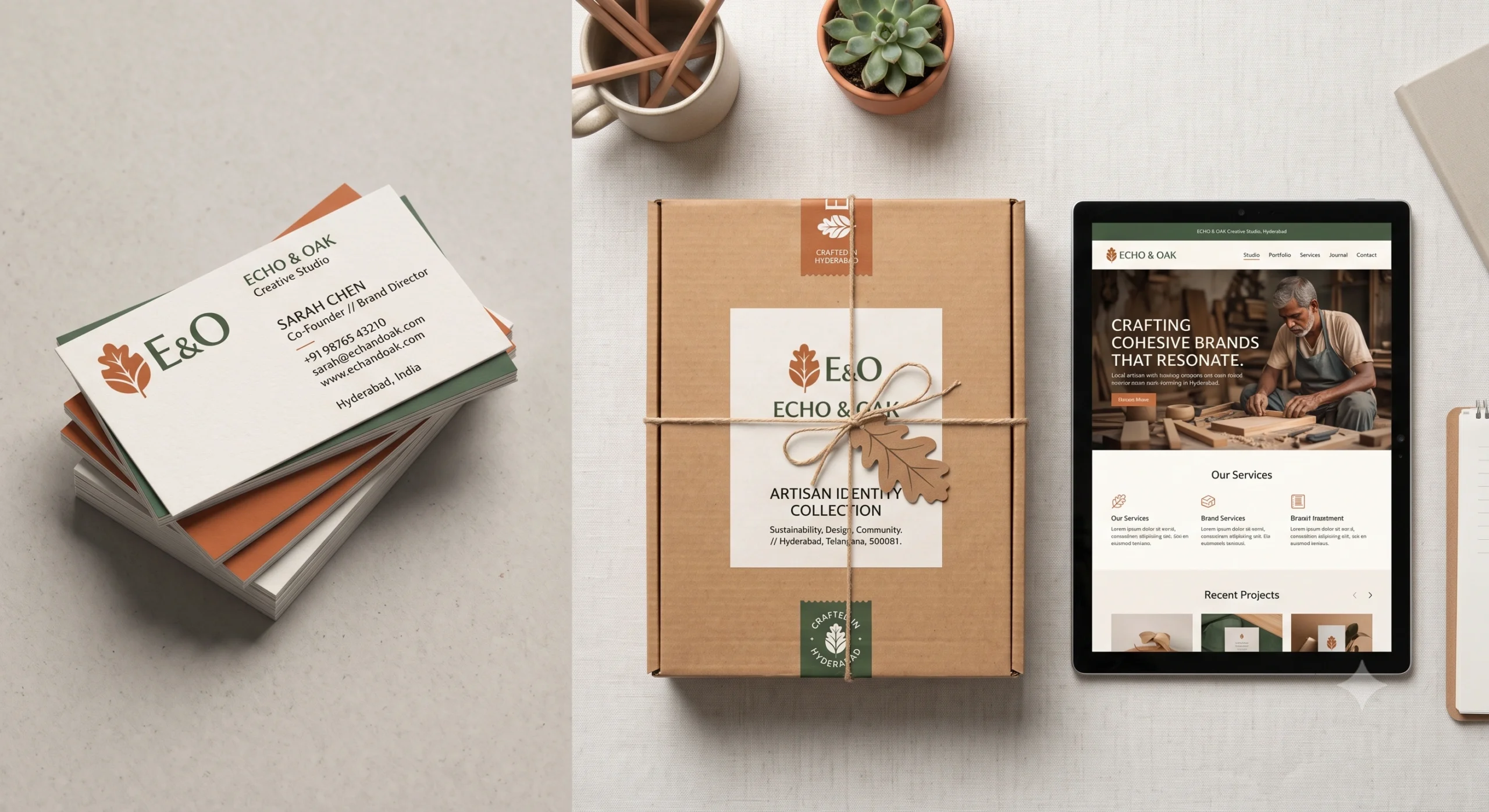 Completed brand identity design mockups across packaging, website and business cards
