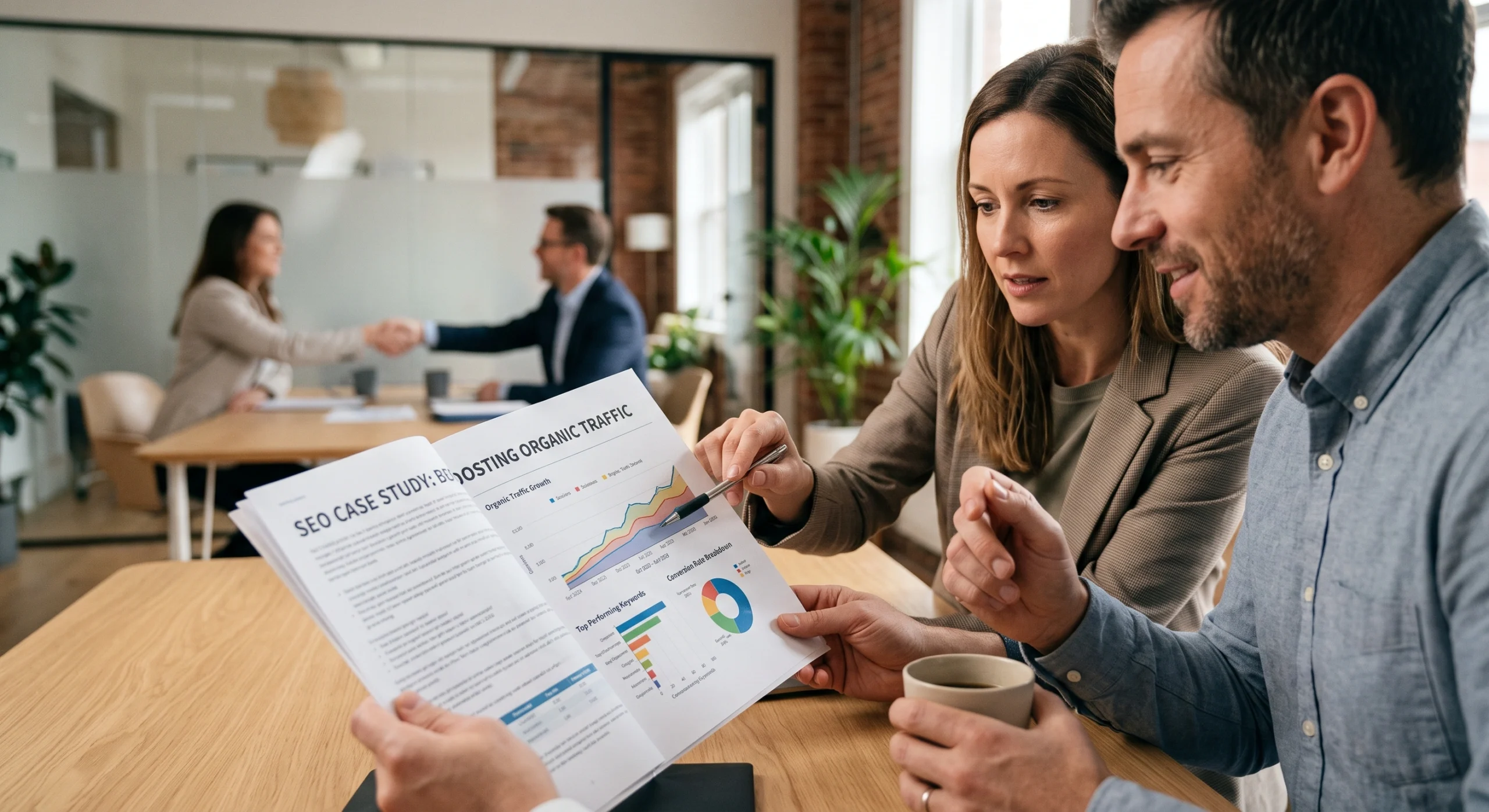 Business owner evaluating case studies before choosing the best SEO company in Hyderabad