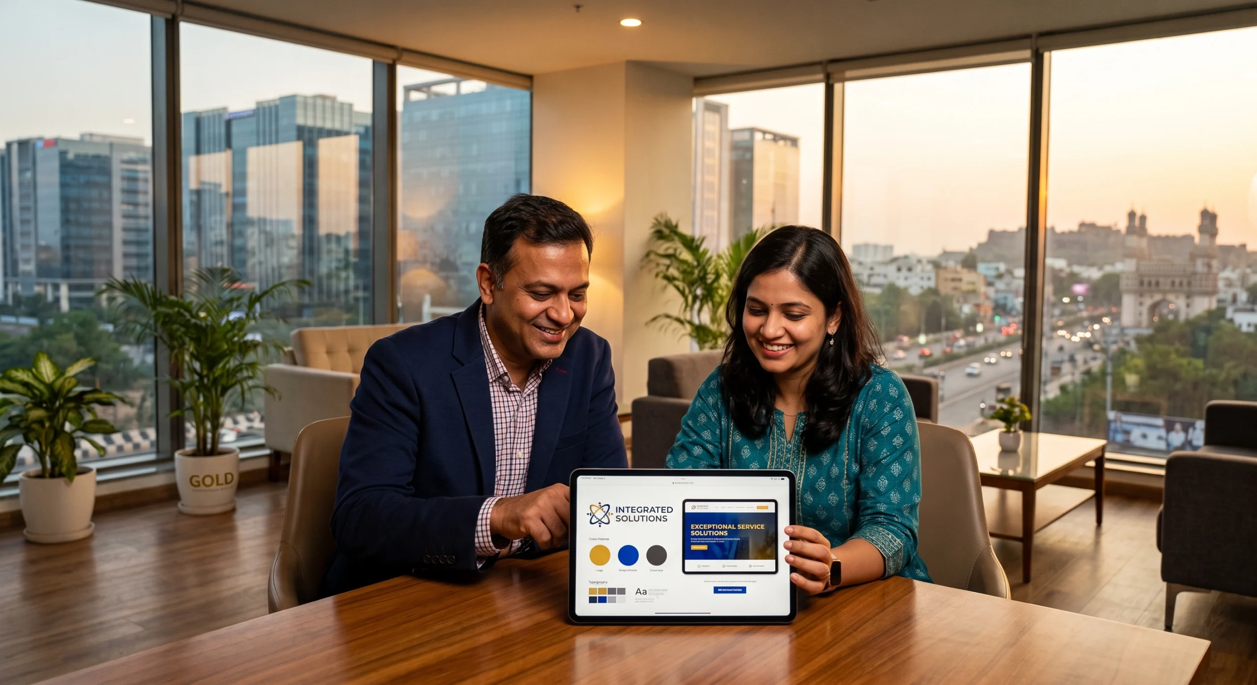 Business owner reviewing a finished brand identity with their Hyderabad agency partner