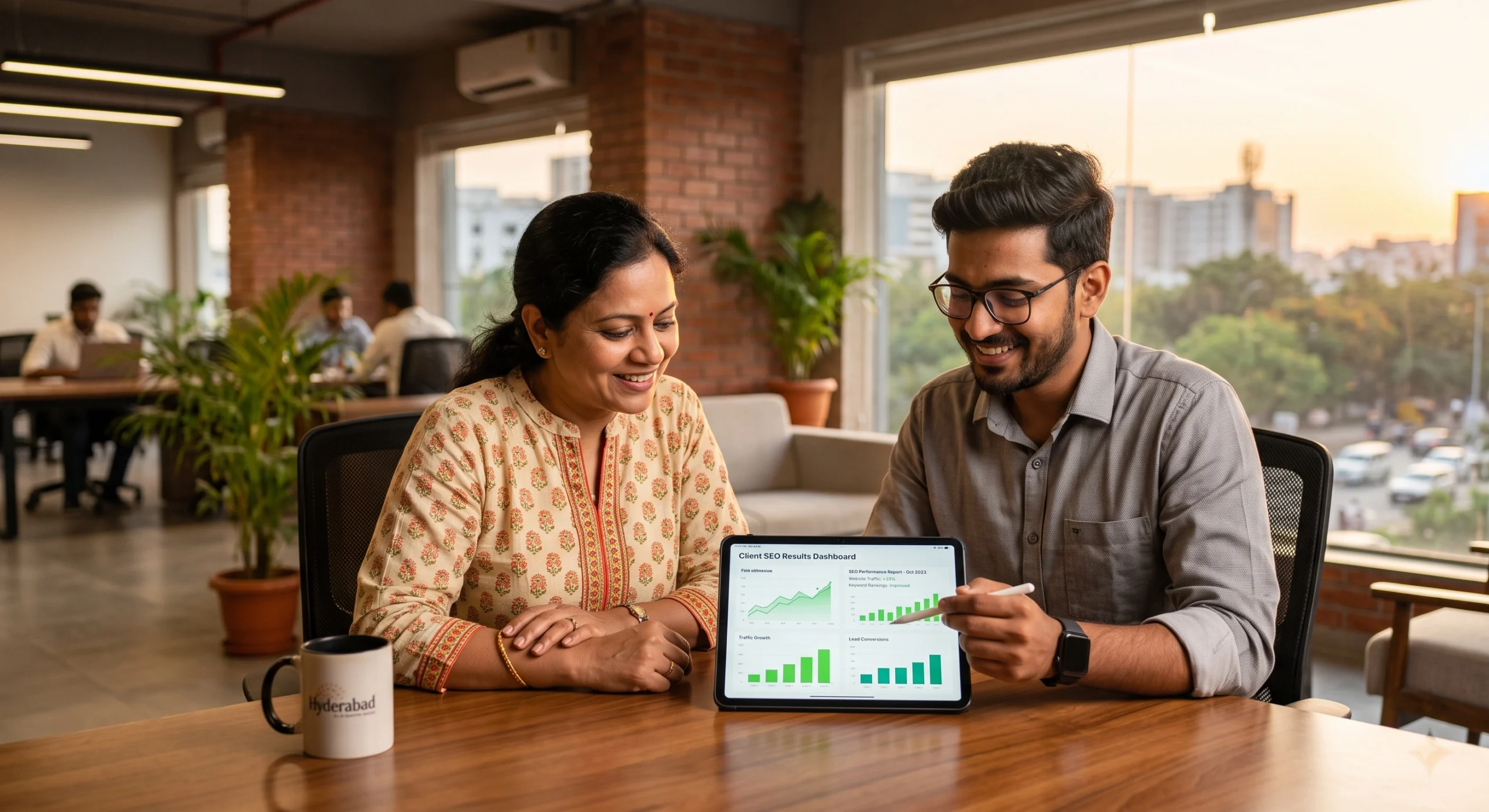 Business owner reviewing SEO results with their Hyderabad agency team