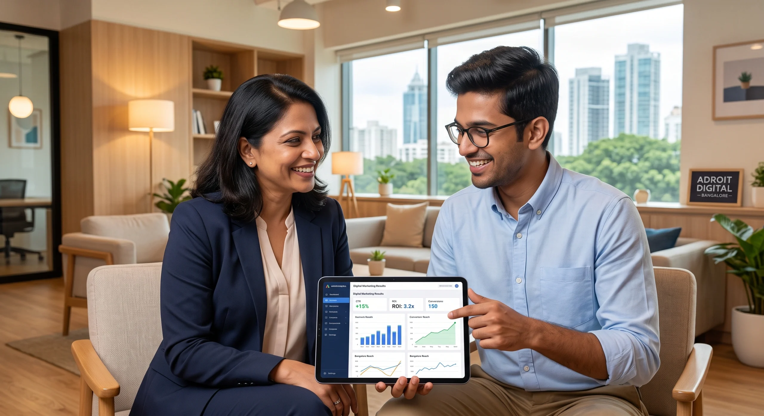 Business owner reviewing digital marketing results with their Bangalore-focused agency