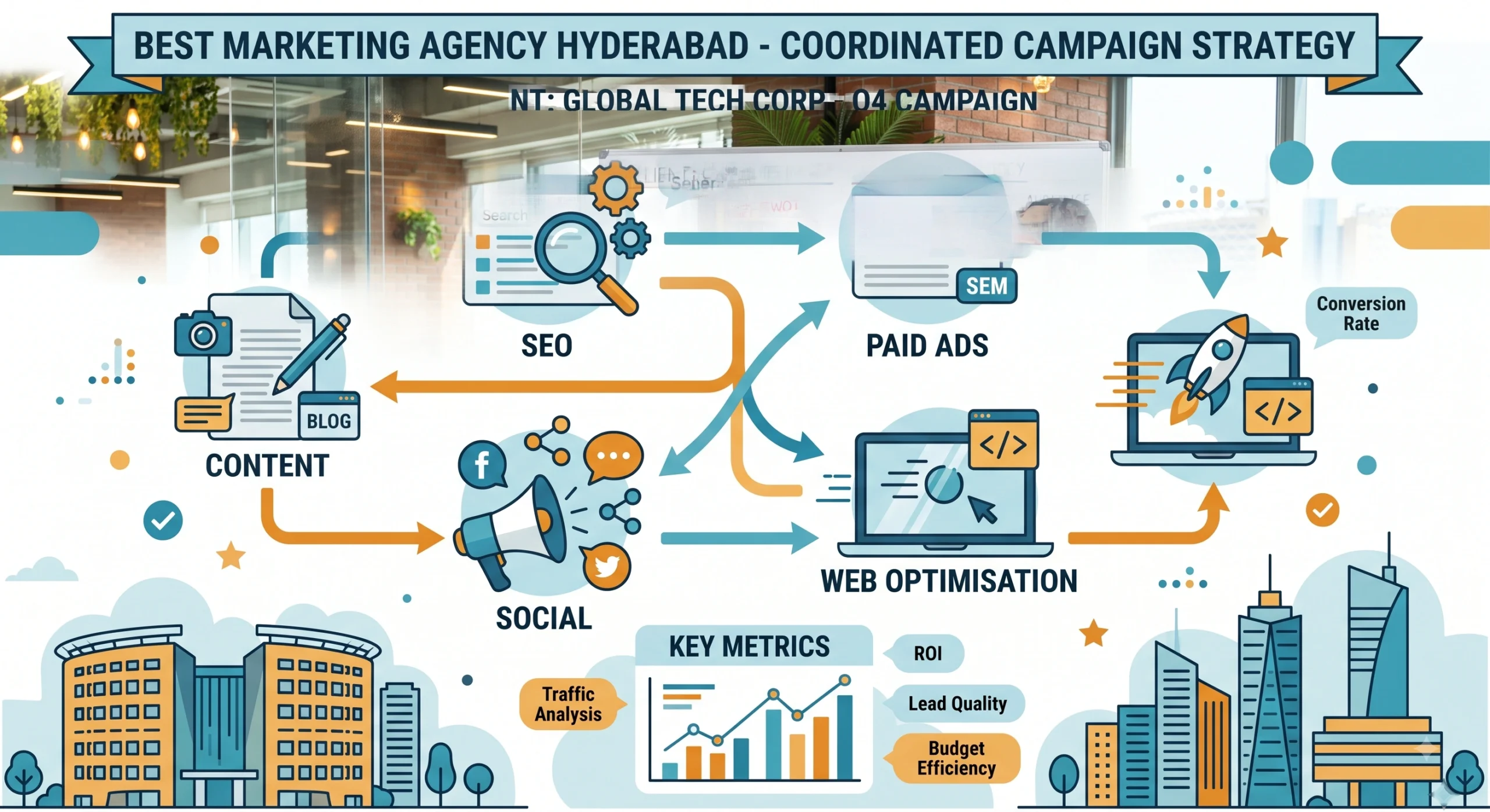 Best marketing agency in Hyderabad coordinating SEO, ads, and content strategy