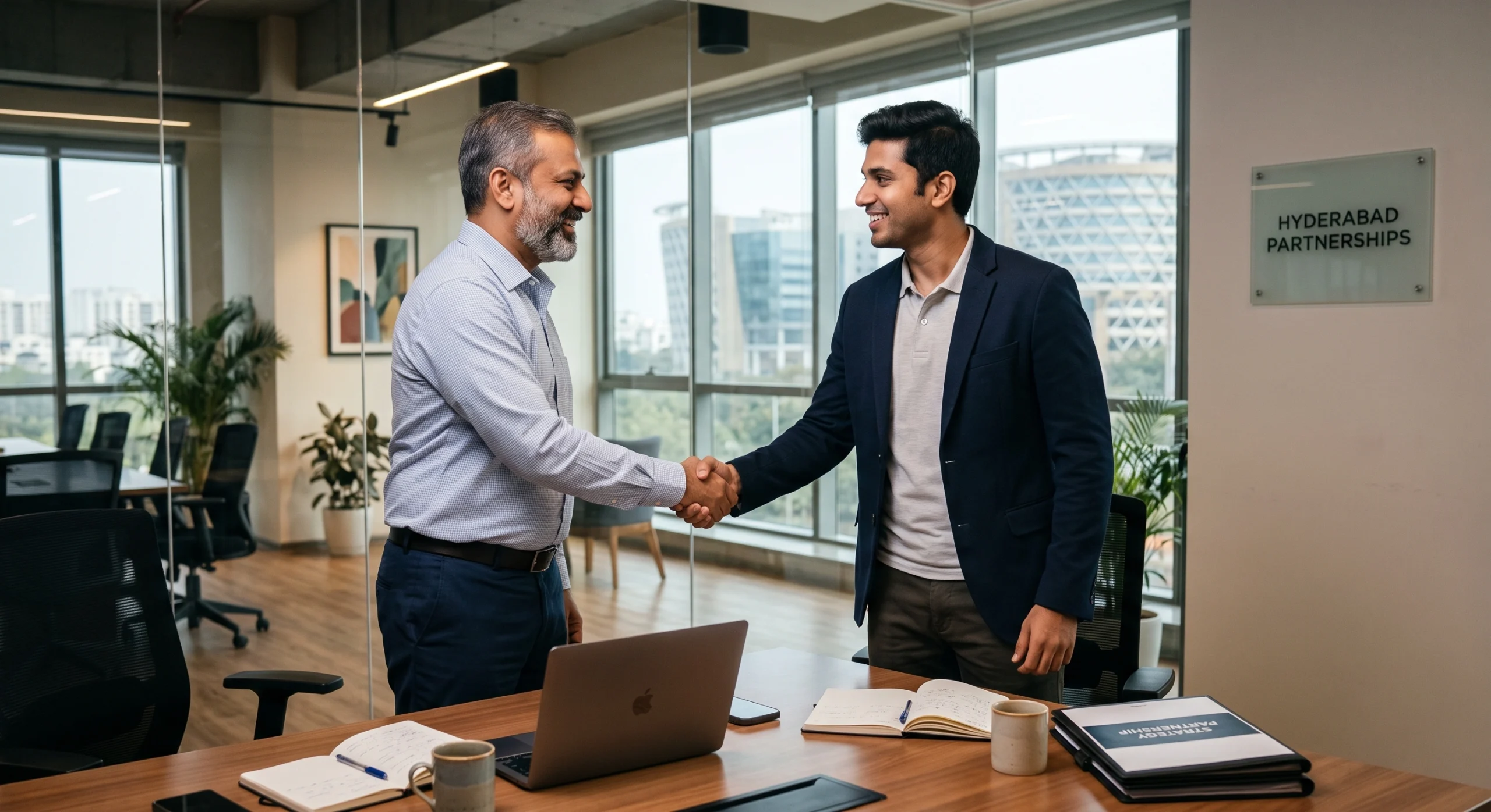 Business owner shaking hands with a marketing consultant after a strategy meeting in Hyderabad