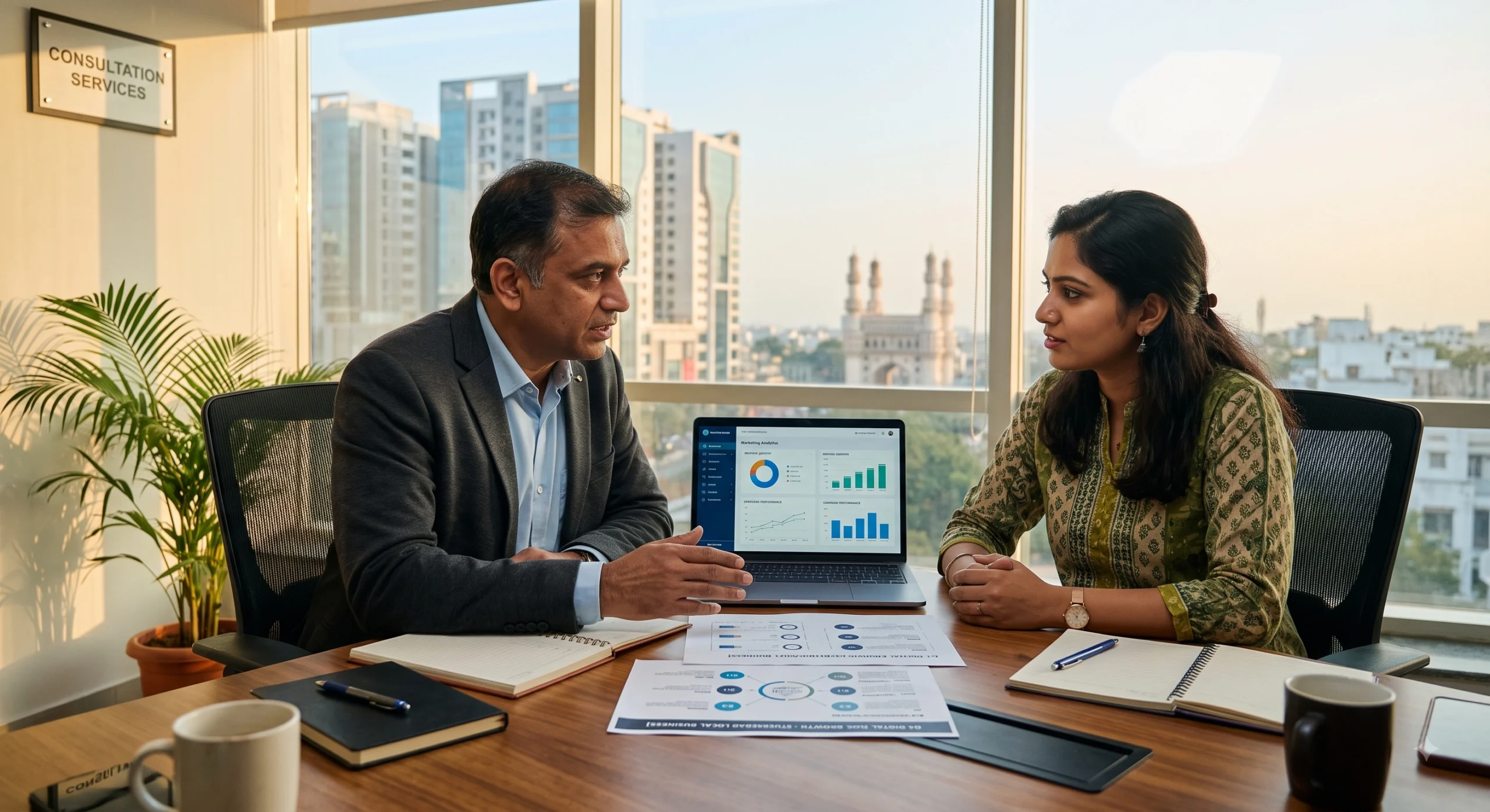 Digital marketing consultant in Hyderabad advising a small business owner on strategy