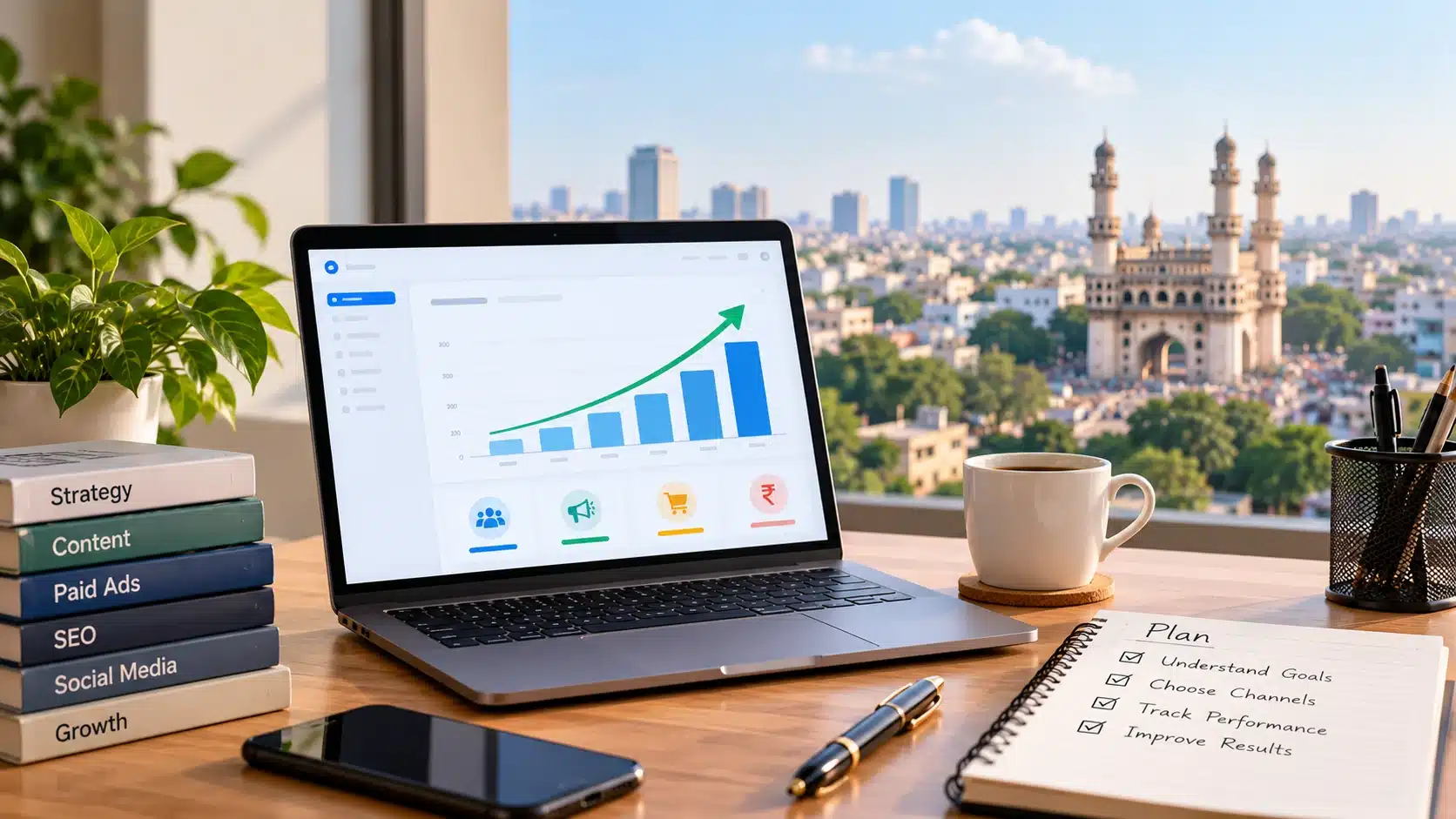 Digital marketing ROI for small businesses illustrated through a laptop analytics dashboard showing business growth trends.